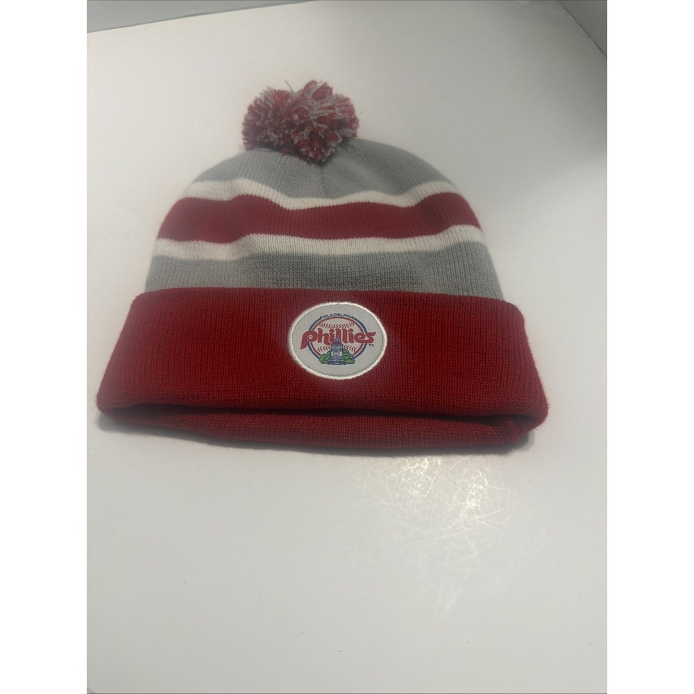 Philadelphia Phillies Cabrini College Beanie Knit Hat Red Grey Striped Pom Pom